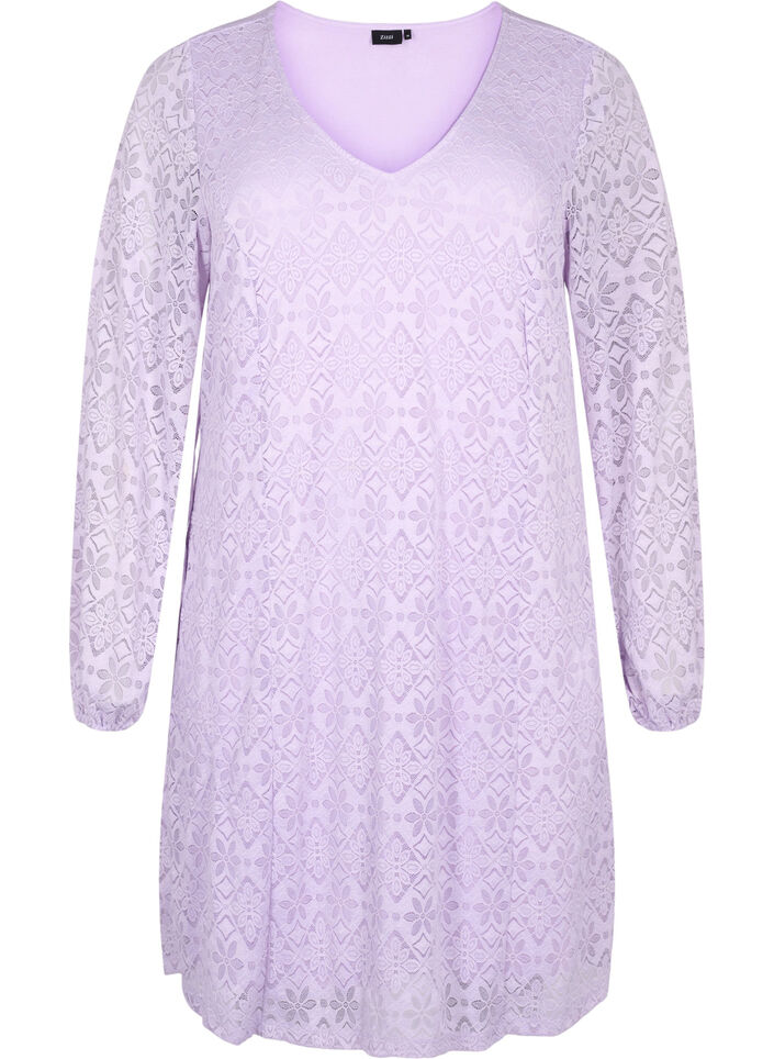 Spitzenkleid mit V-Ausschnitt und langen Ärmeln, Pastel Lilac, Packshot image number 0