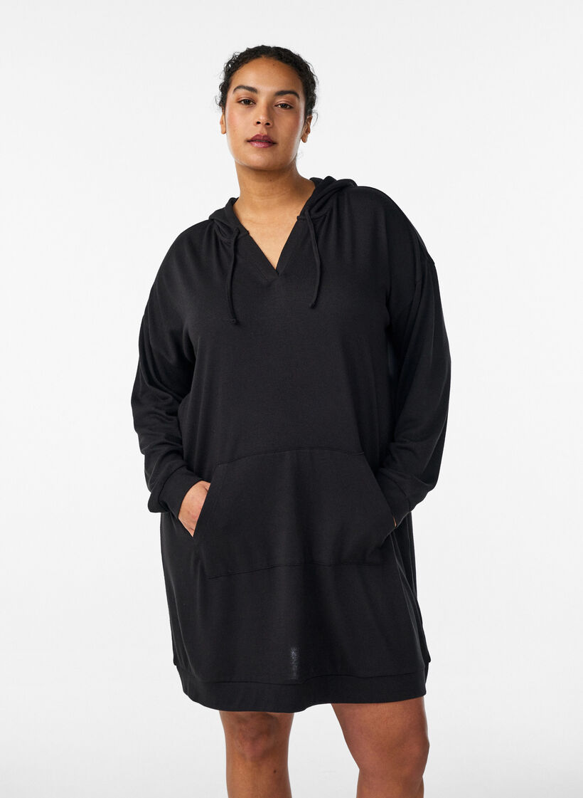 Kurzes Hoodie-Kleid mit K&auml;ngurutasche, Schwarz, Model image number 0