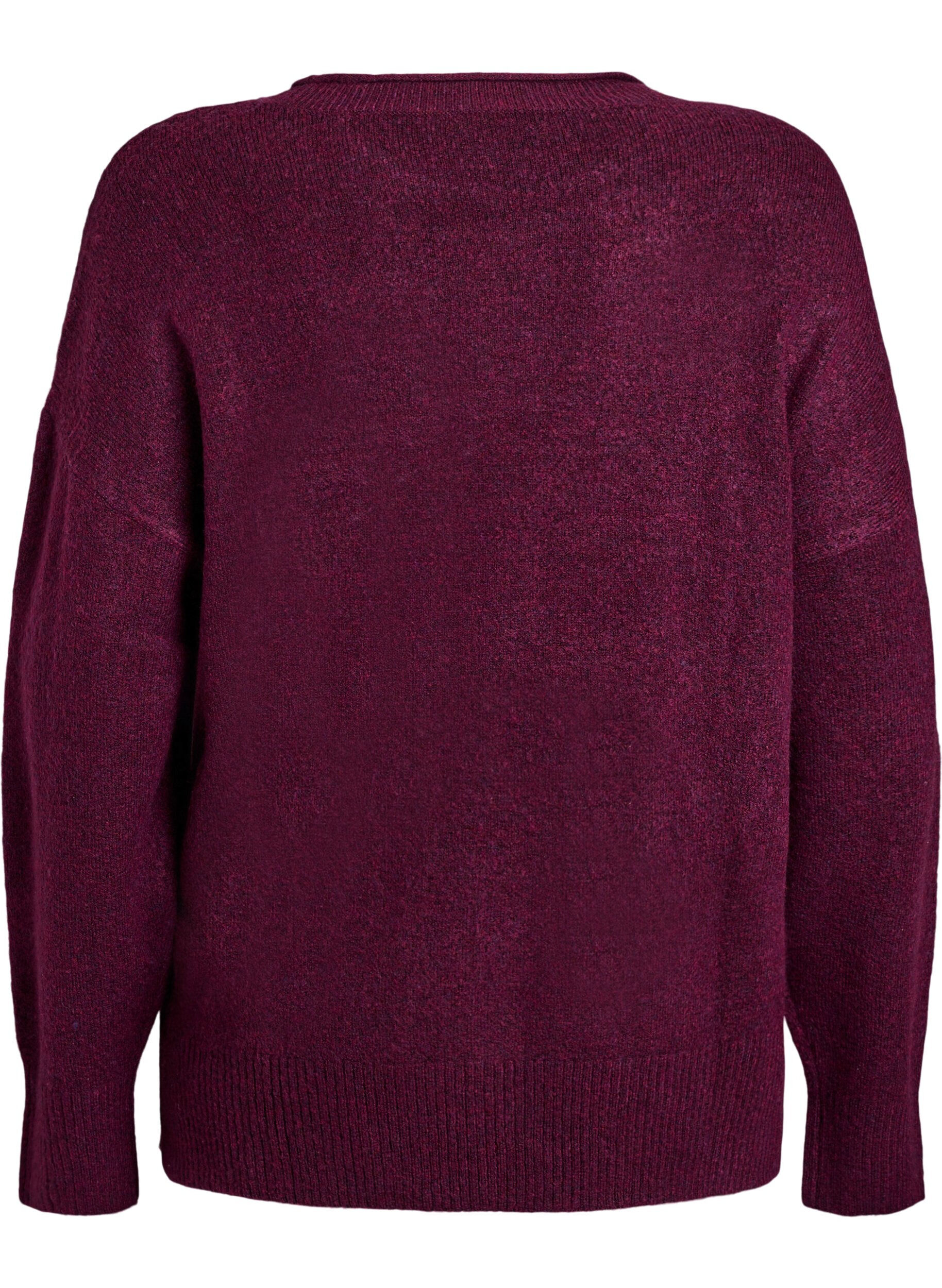 Zizzi Strickbluse mit V-f&ouml;rmigem Rippenmuster und Schlitzen, Lila, Packshot image number 1