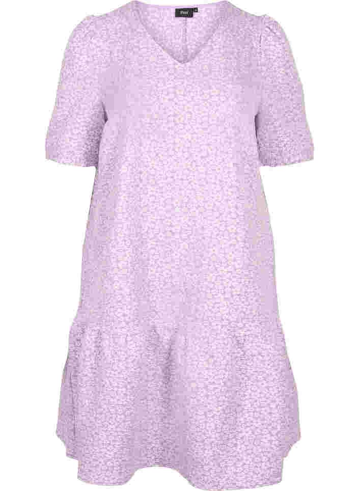 Kurzärmeliges Kleid mit V-Ausschnitt und floraler Textur, Regal Orchid , Packshot image number 0