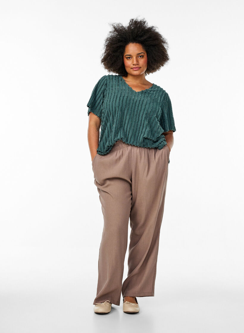 Bluse mit kurzen Ärmeln und Streifenstruktur, Grün, Model image number 1