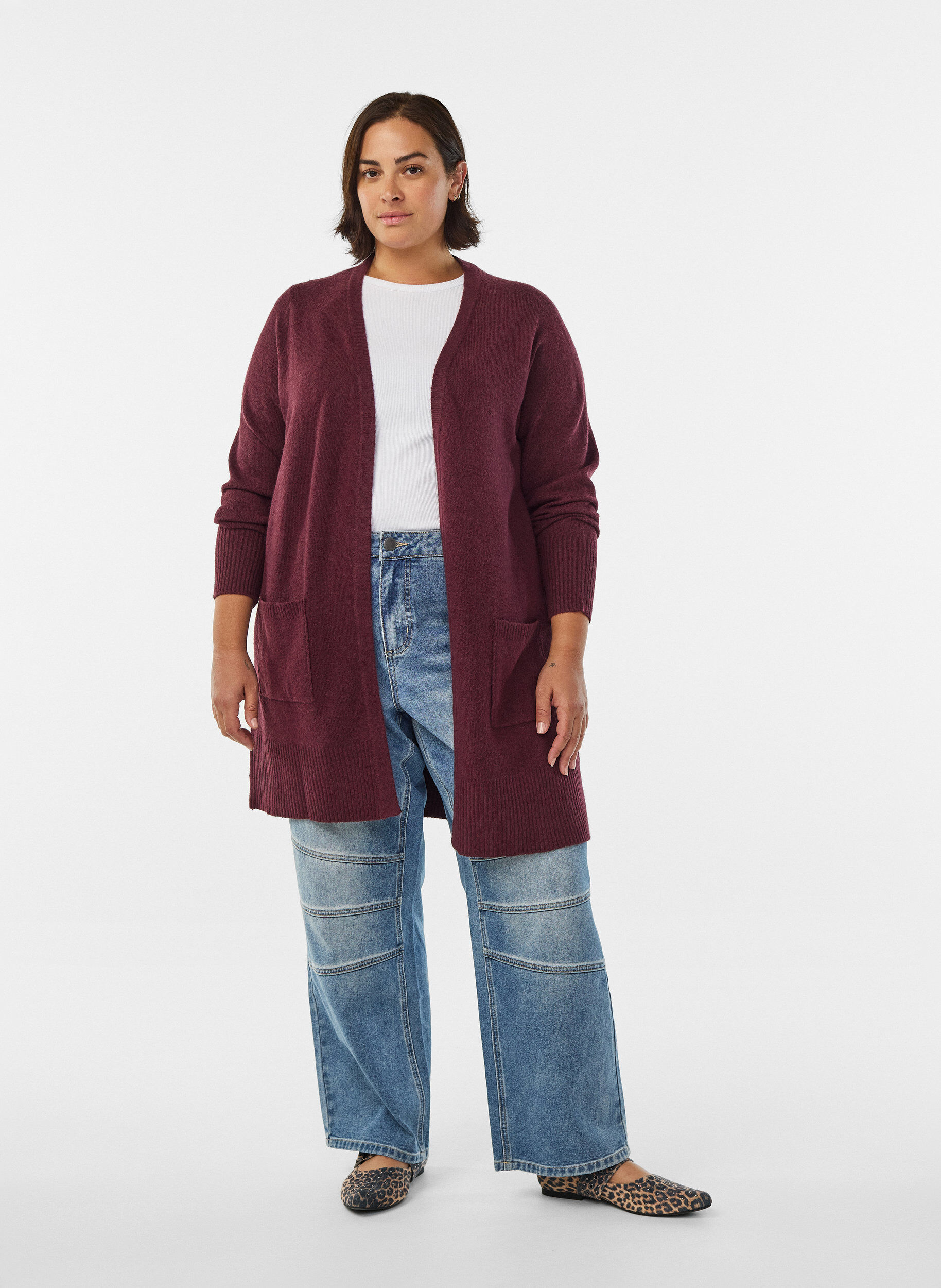 ZizziStrickjacke mit Rippenstrick und Taschen, Dunkles Bordeaux, Model image number 1