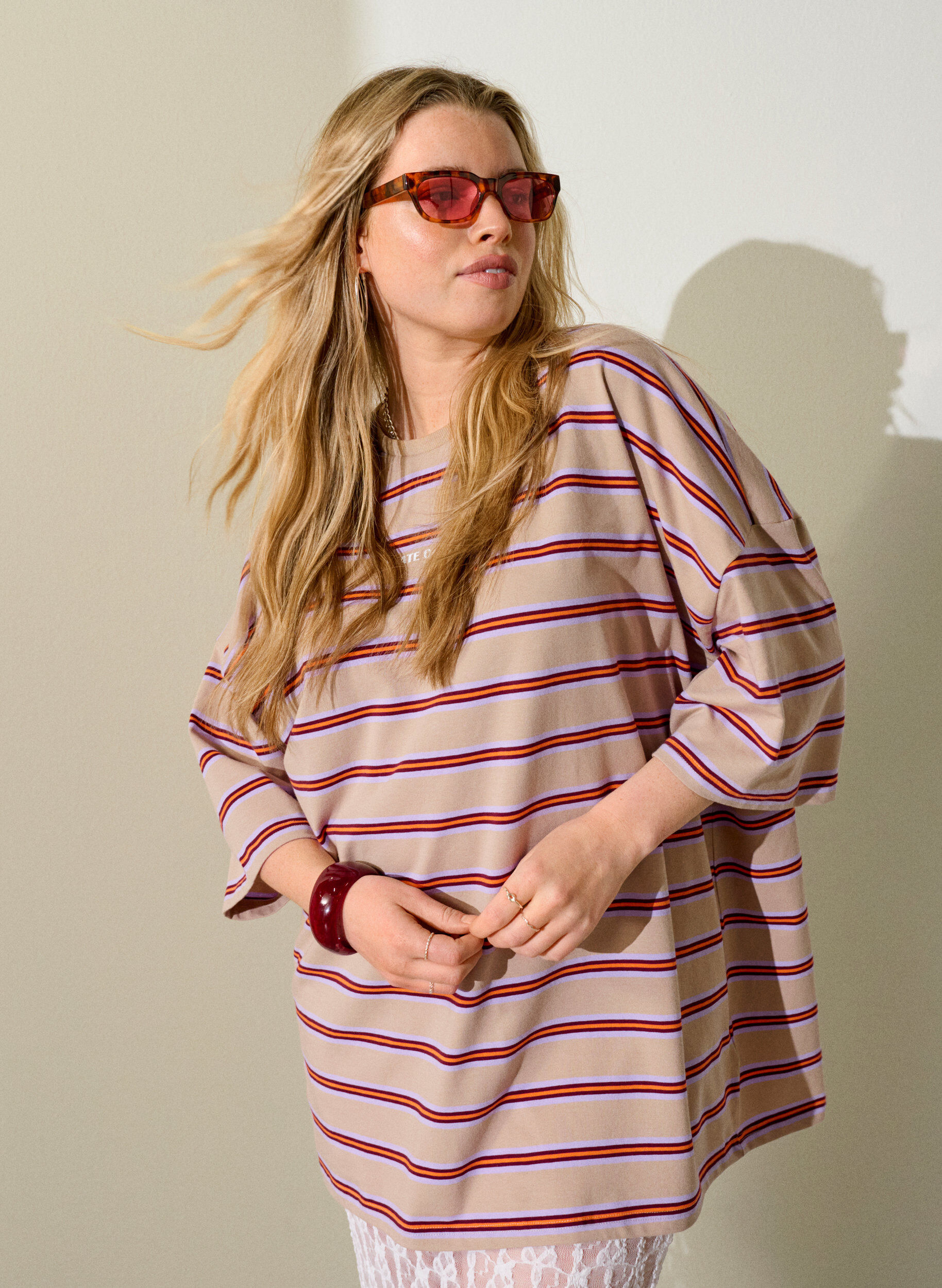 ZizziOversize-T-Shirt mit Streifen und 1/2-&Auml;rmeln, Beige, Image image number 0