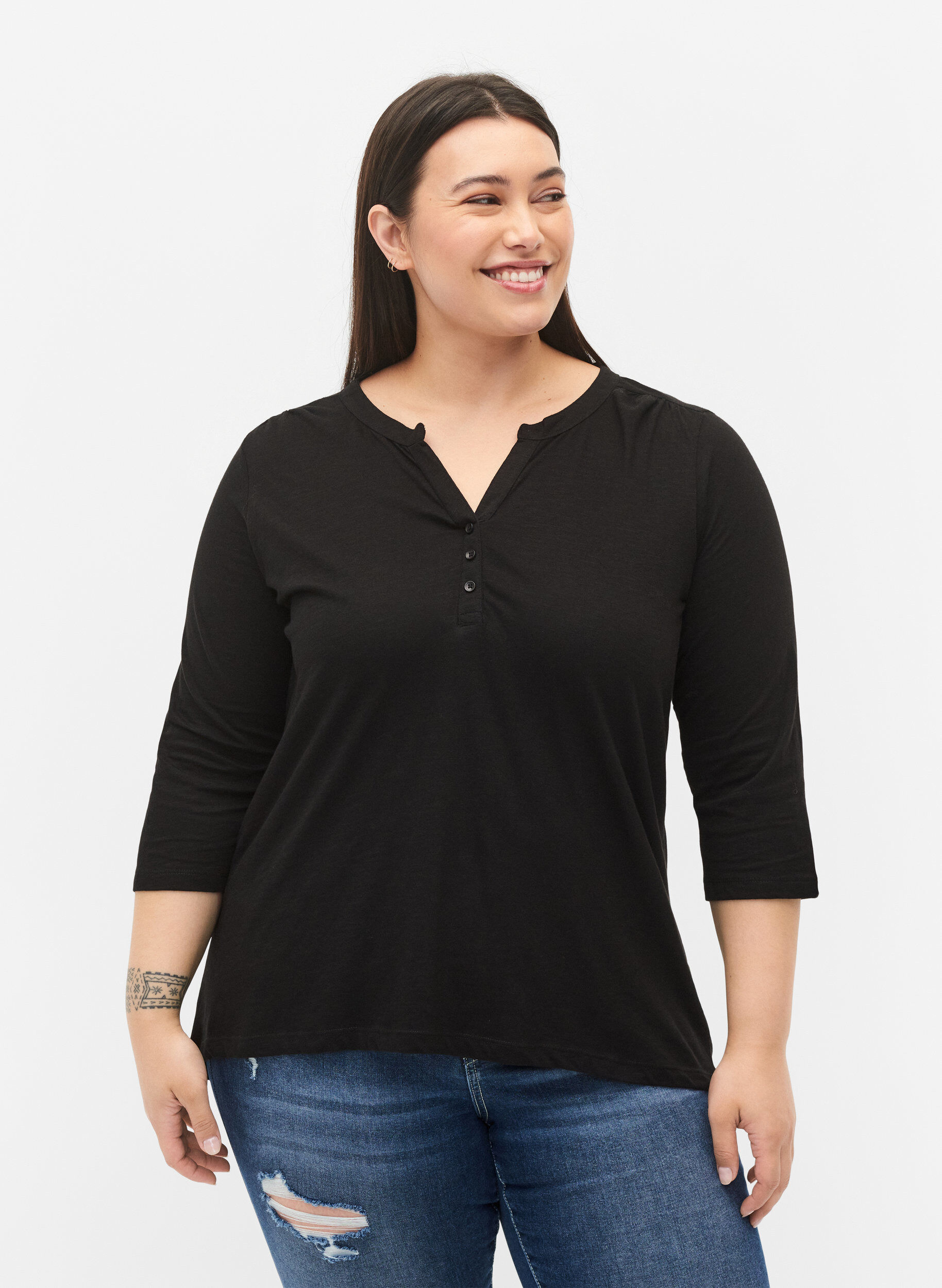 Zizzi Bluse aus Baumwolle mit 3/4 &Auml;rmeln, Black, Model image number 0