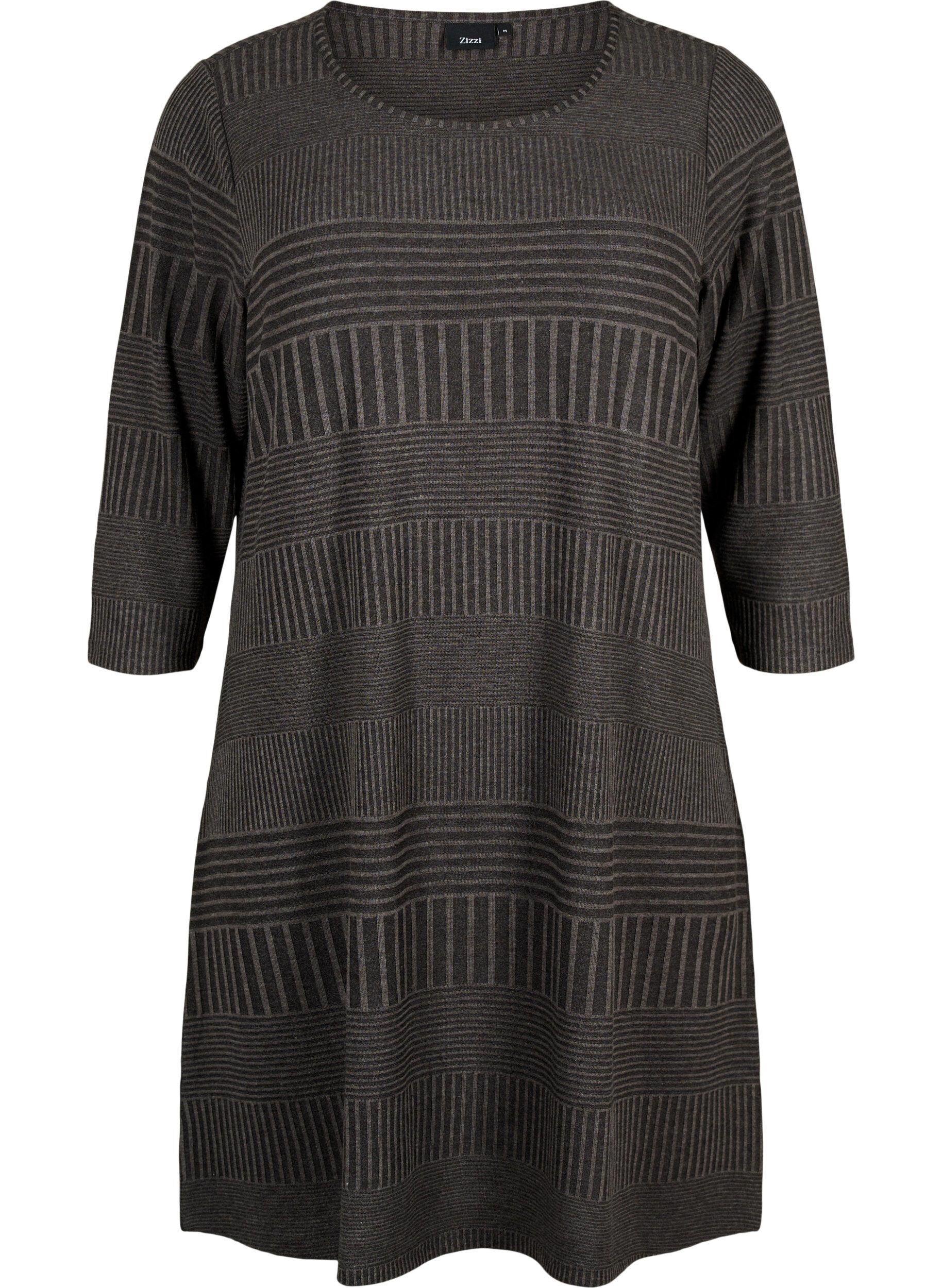 Zizzi Kleid mit 3/4-&Auml;rmeln und Streifenmuster, Dark Grey M&eacute;lange, Packshot image number 0