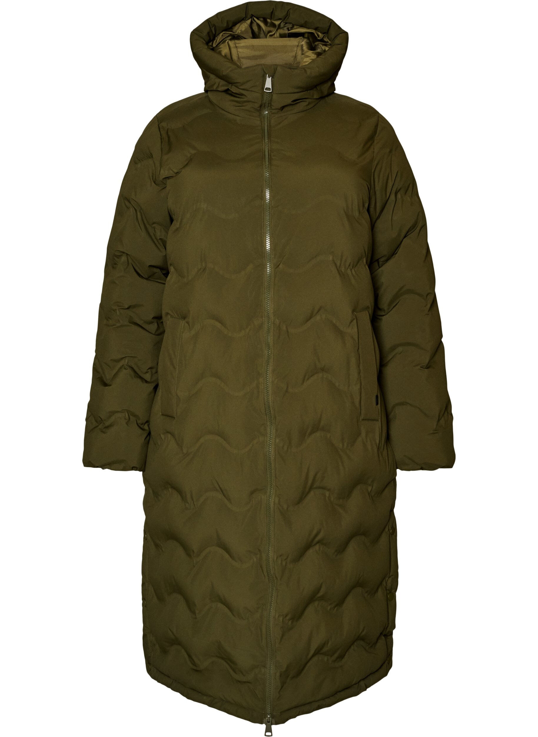 Lange Kapuzen-Steppjacke mit Wellenmuster