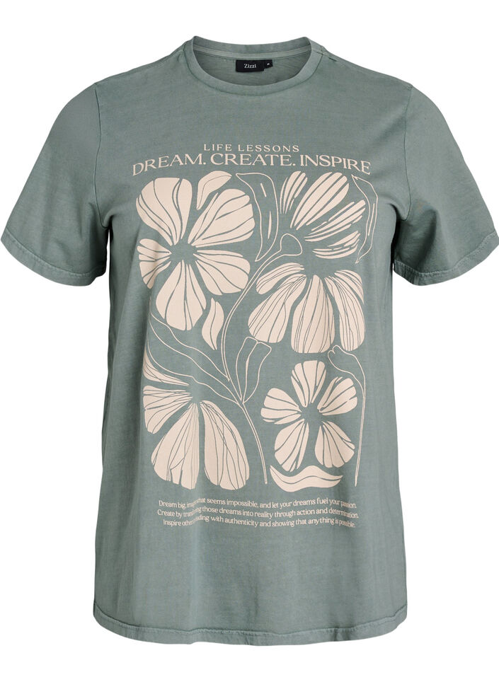 T-Shirt aus Bio-Baumwolle mit Textaufdruck und Blumenprint, Grün, Packshot image number 0