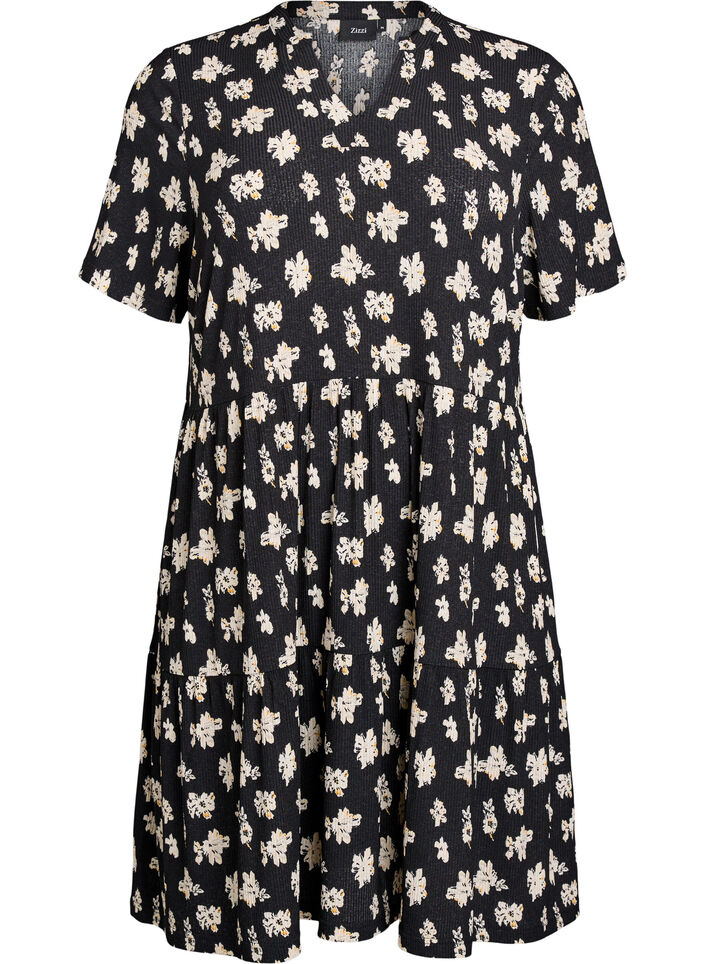 Gemustertes Kleid mit Eins&auml;tzen, Schwarz, Packshot image number 0