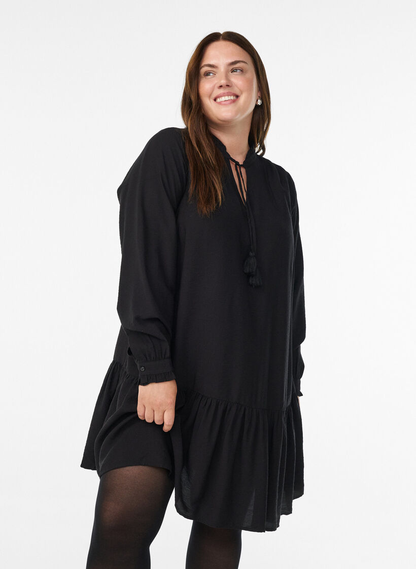 Kurzes A-Linien-Kleid mit Rüschen, Schwarz, Model image number 0
