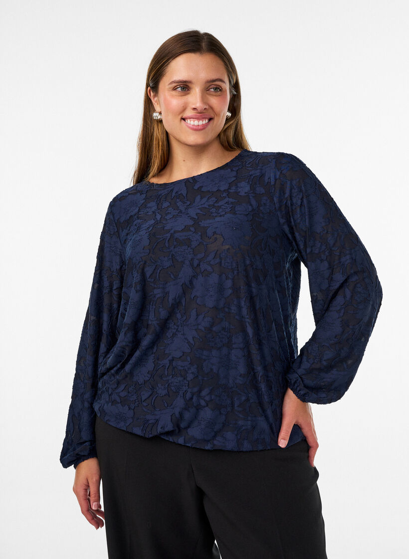 Transparente Bluse mit floraler Struktur und langen &Auml;rmeln, Blau, Model image number 0