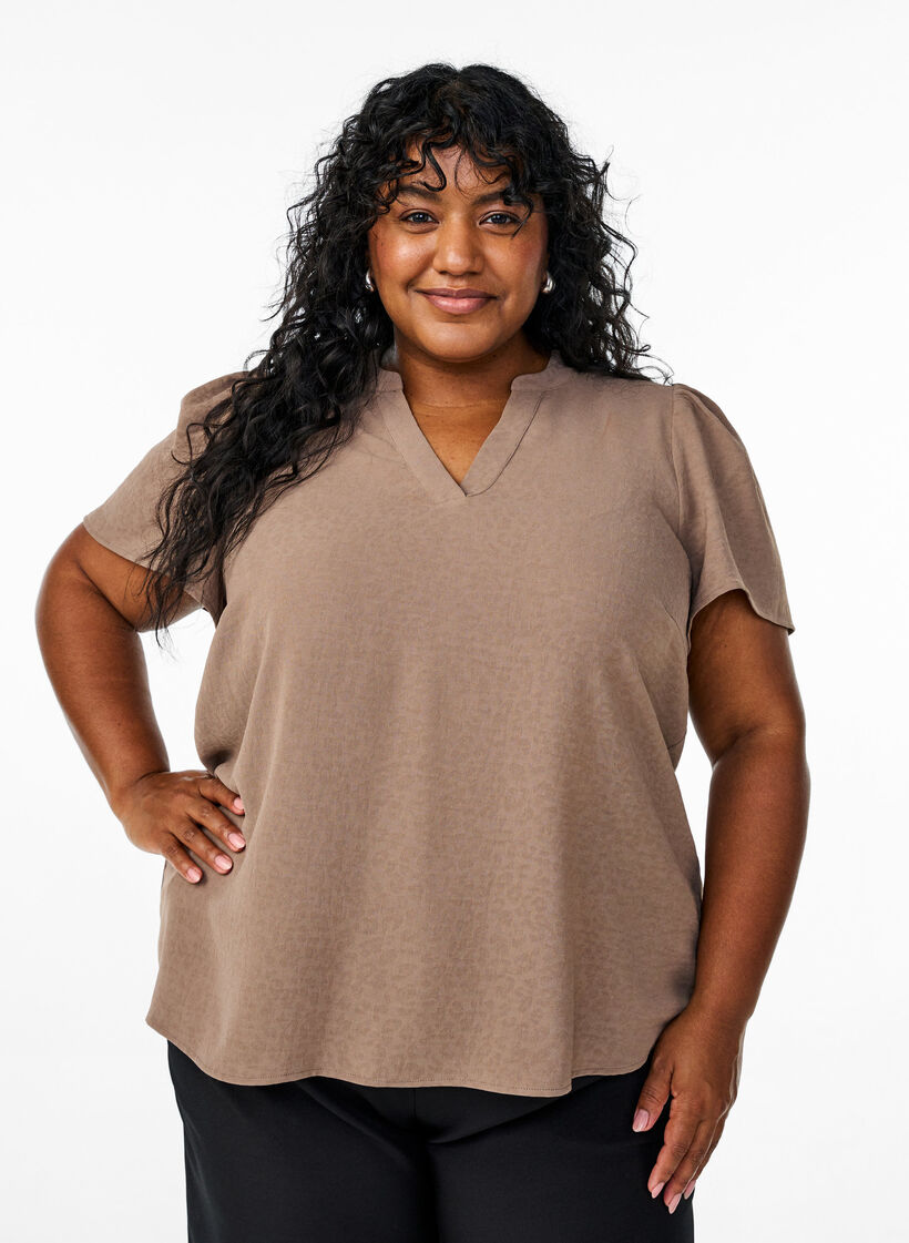 Bluse mit kurzen Rüschenärmeln und V-Ausschnitt, Braun, Model image number 0