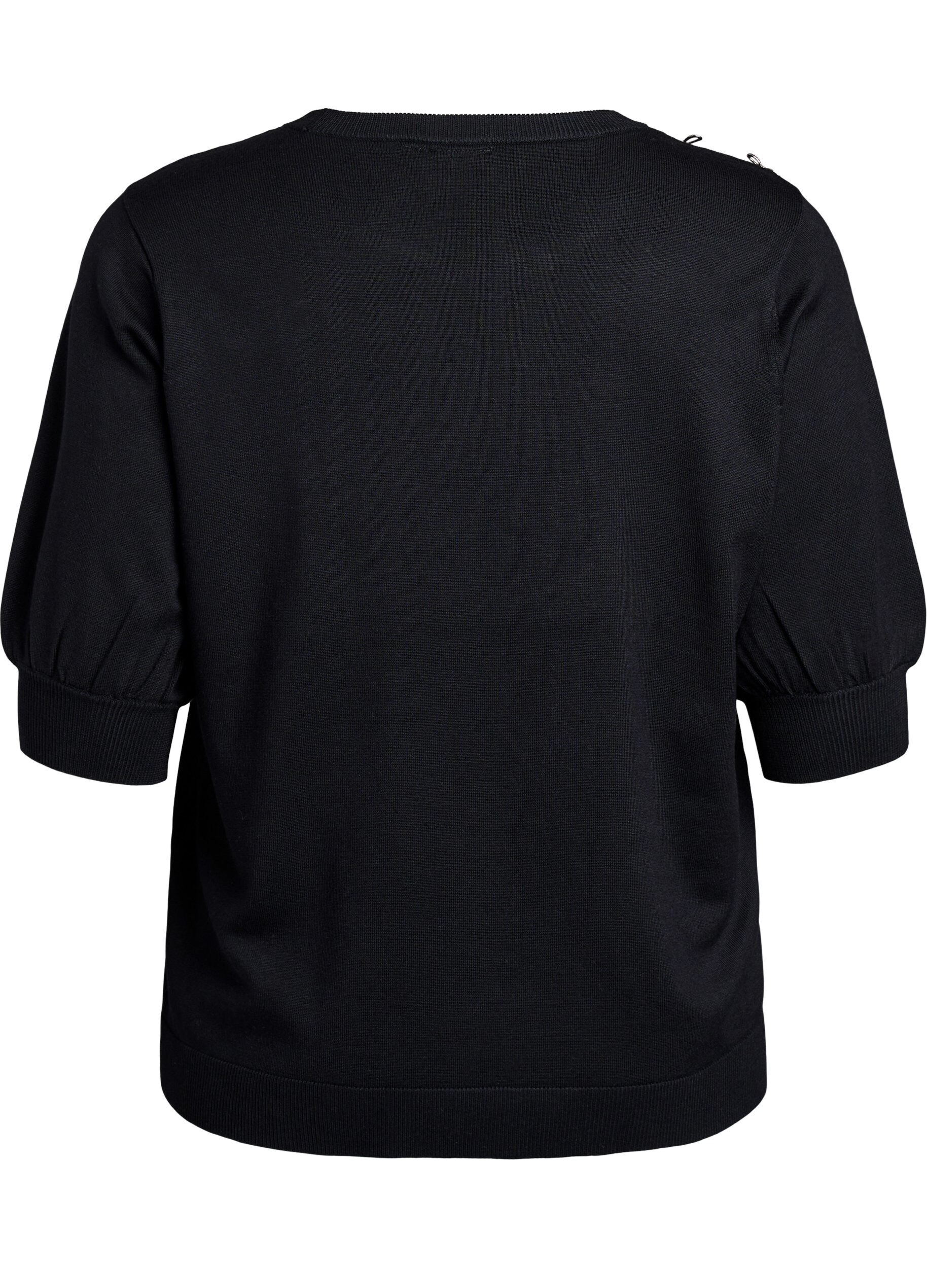 Zizzi Strickbluse mit kurzen &Auml;rmeln und kleinen Schleifen, Schwarz, Packshot image number 1