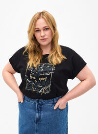 T-Shirt aus Bio-Baumwolle mit Golddruck, Black W. Free, Model