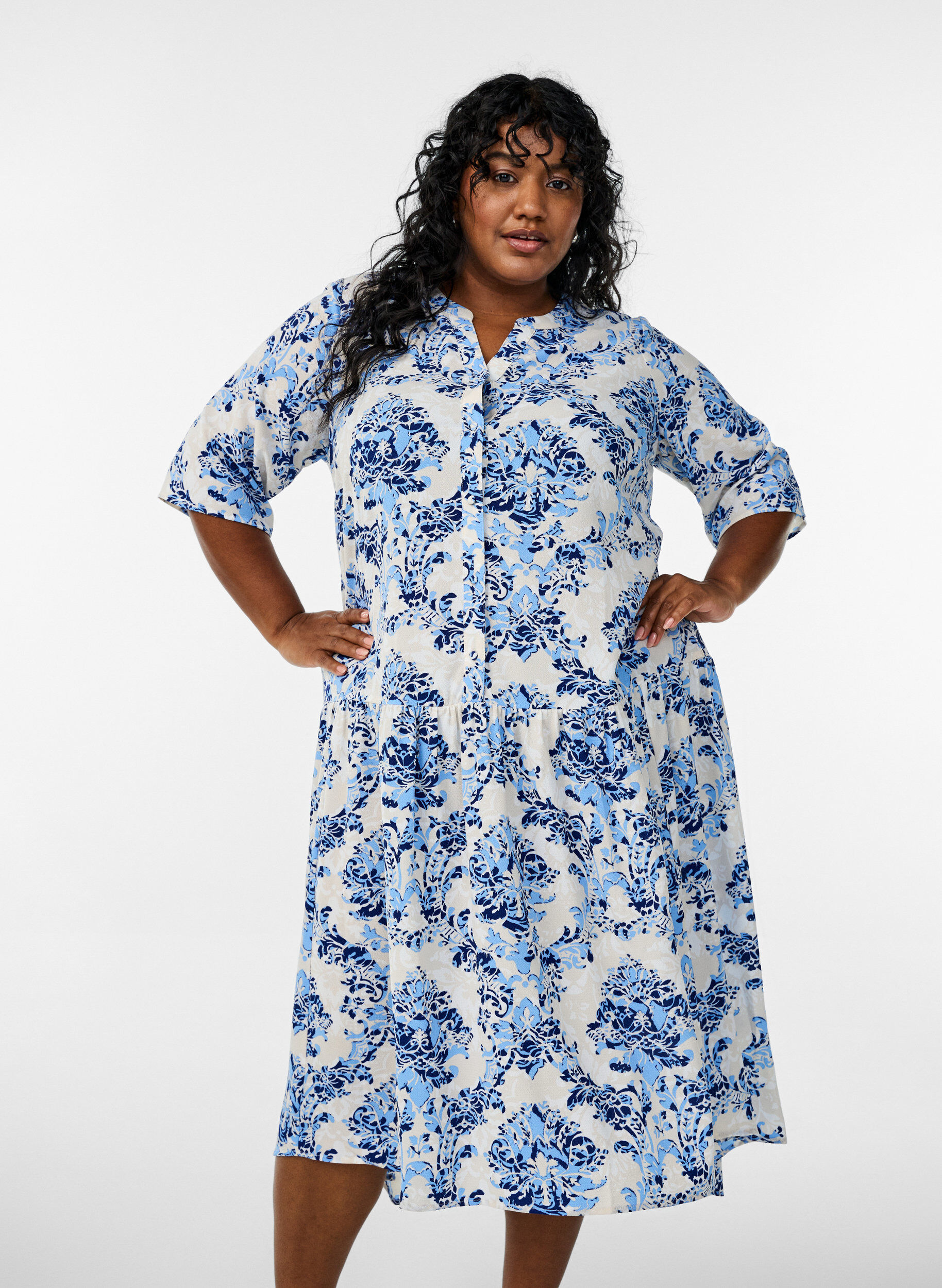 Zizzi A-Linien-Midi-Kleid mit kurzen &Auml;rmeln, Beige, Model image number 0