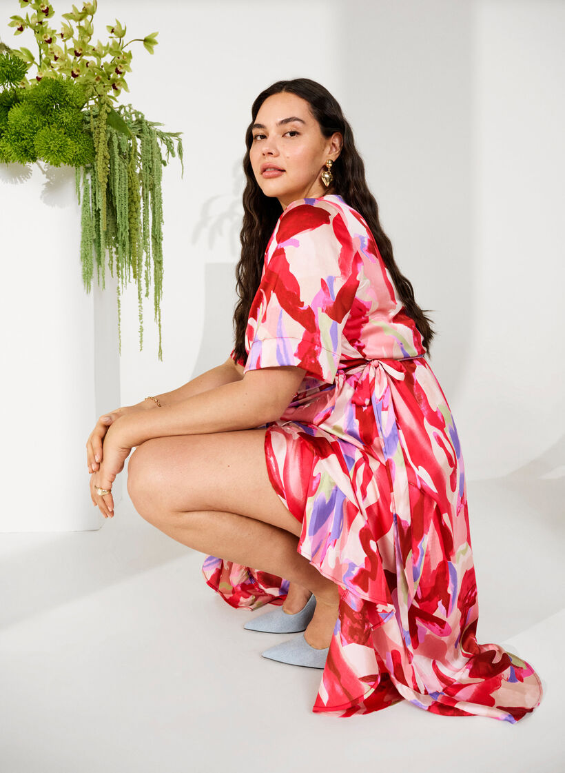 Satin-Wickelkleid mit Aufdruck, Geranium Graphic AOP, Image image number 0