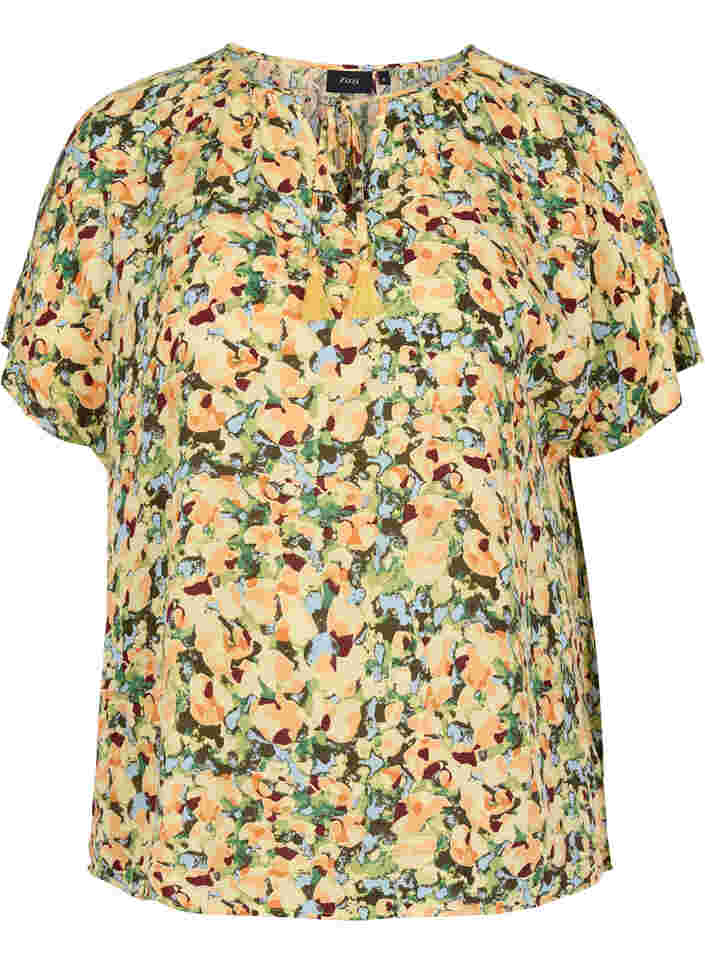 Kurzarm Bluse aus Viskose, Yellow  Summer AOP, Packshot image number 0