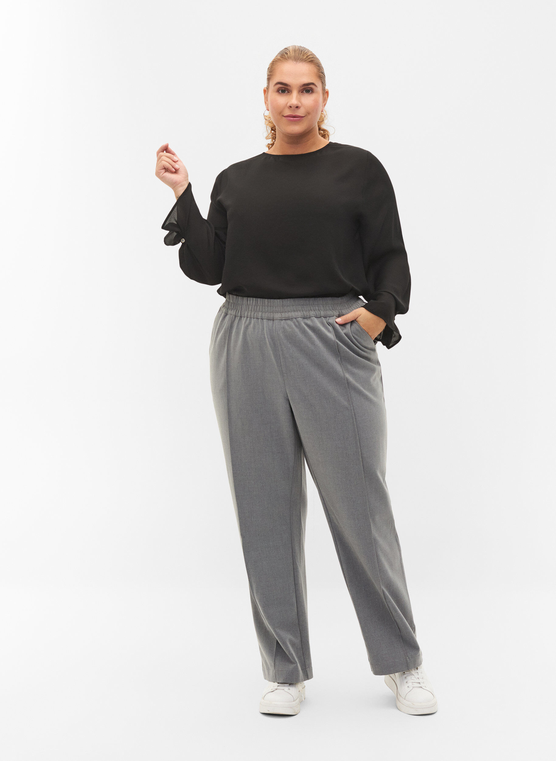 Zizzi Graue melierte Hose mit elastischem Bund, Medium Grey Melange, Model image number 0