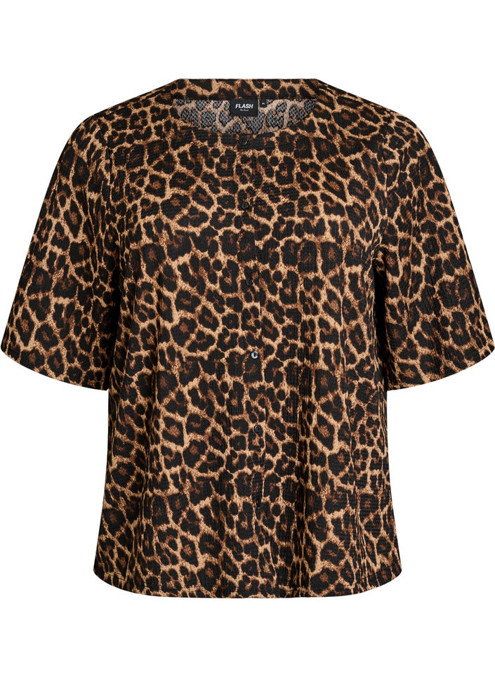 Kurz&auml;rmelige Bluse mit Struktur und Knopfleiste, Schwarz, Packshot image number 0