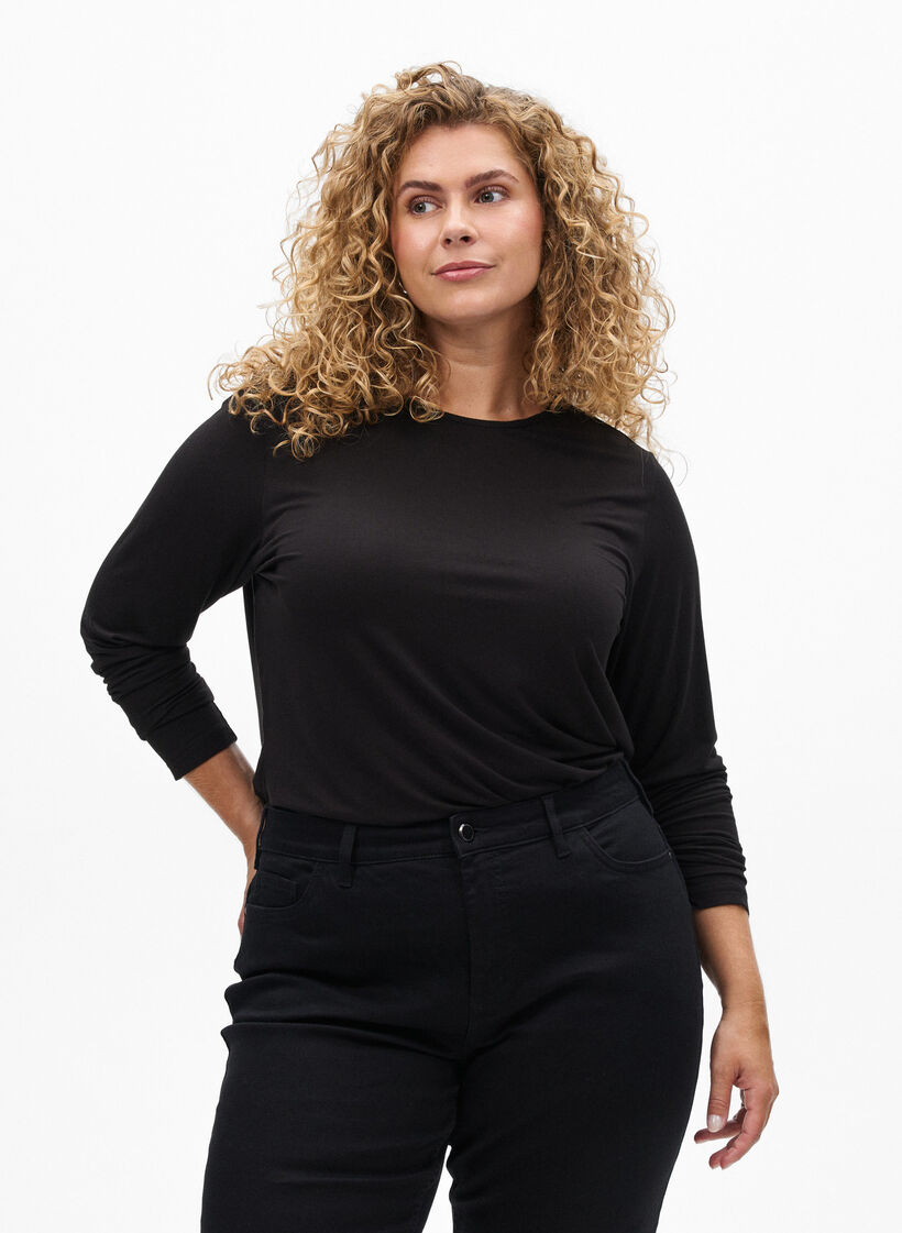 Einfarbige Bluse mit langen &Auml;rmeln, Schwarz, Model image number 0