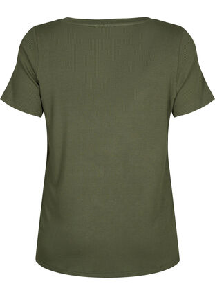 Geripptes T-Shirt aus Viskose mit V-Ausschnitt., Thyme, Packshot image number 1