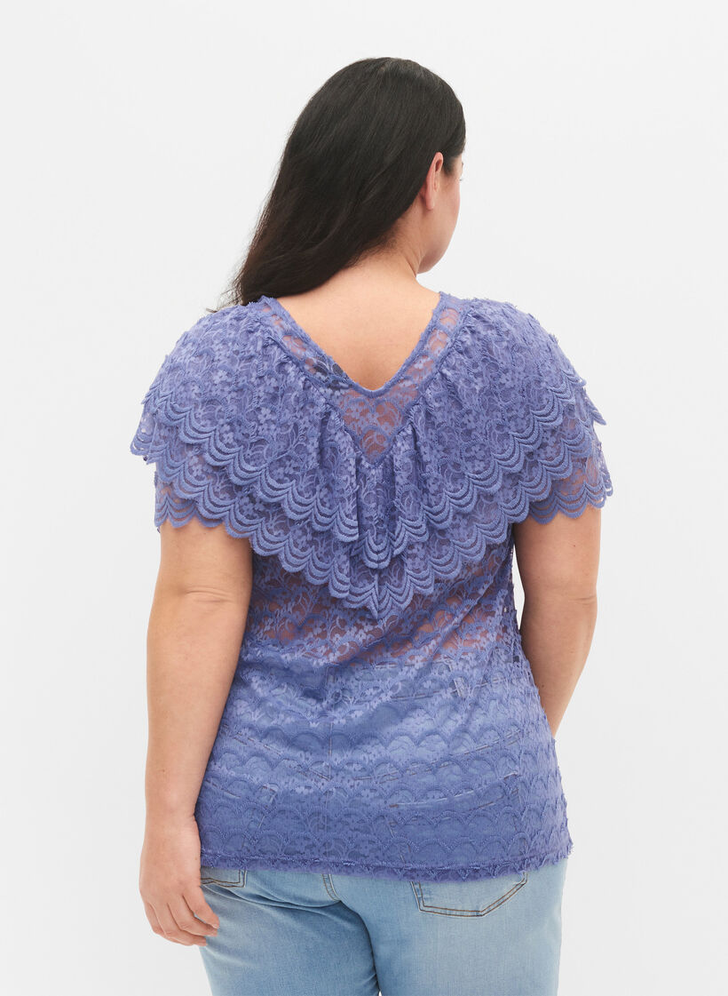 Kurzärmelige Bluse mit Rüschen, lila, Model image number 1