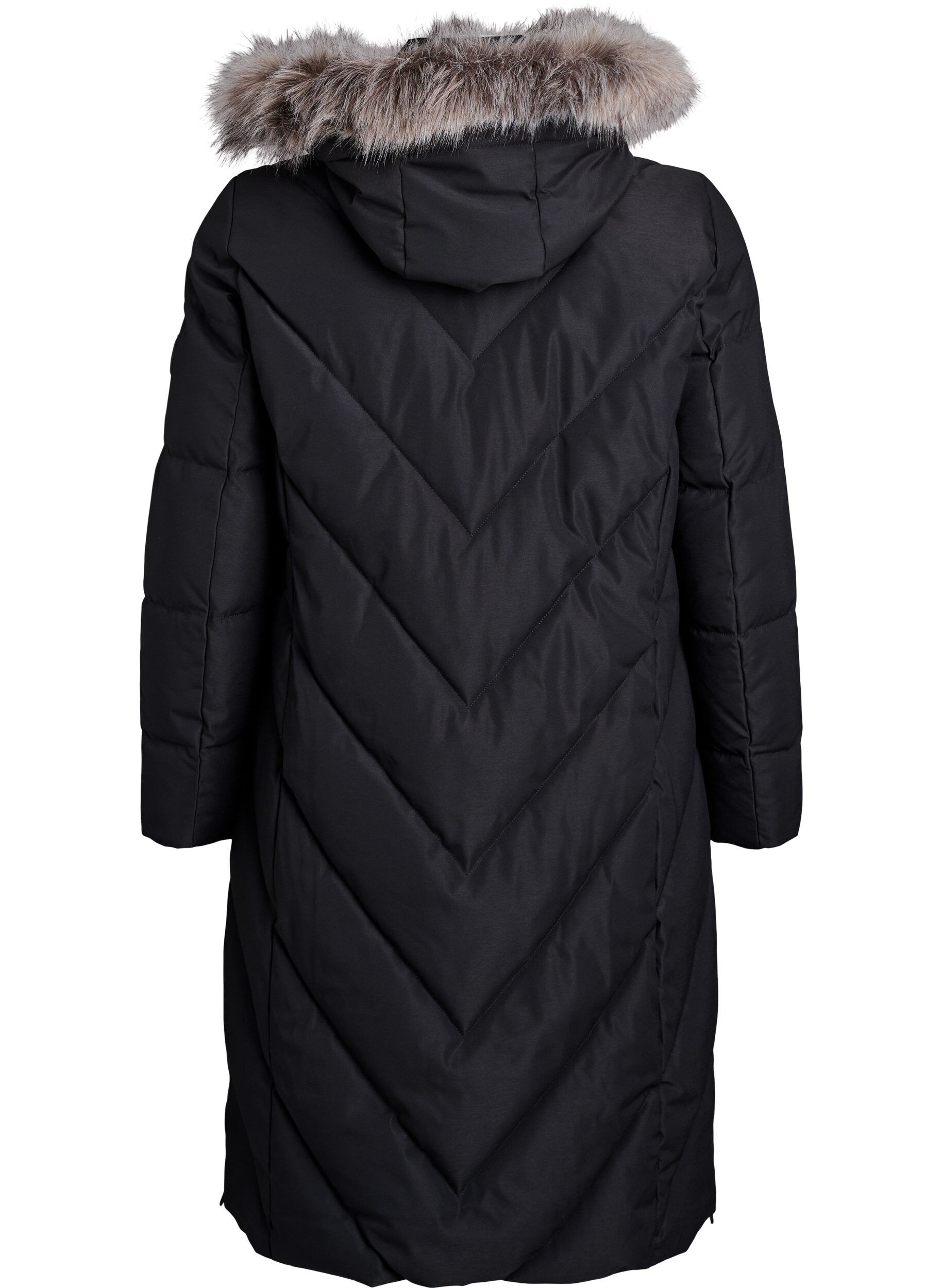 ZizziLanger Wintermantel mit Hakenverschl&uuml;ssen und Kunstfellkragen, Schwarz, Packshot image number 1