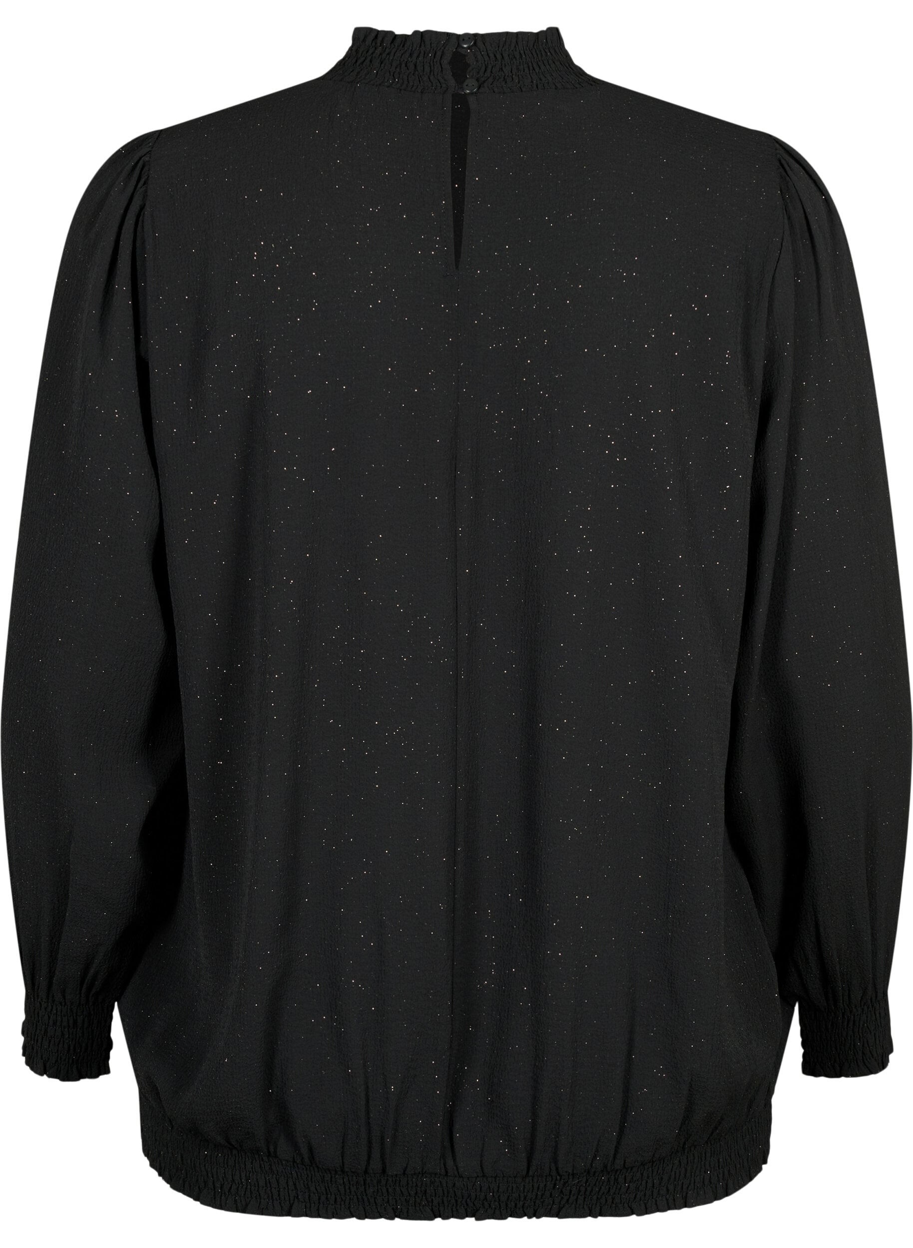 Zizzi FLASH &ndash; Lang&auml;rmelige gesmockteBluse mit Glitzer-Details	, Black w. Silver, Packshot image number 1
