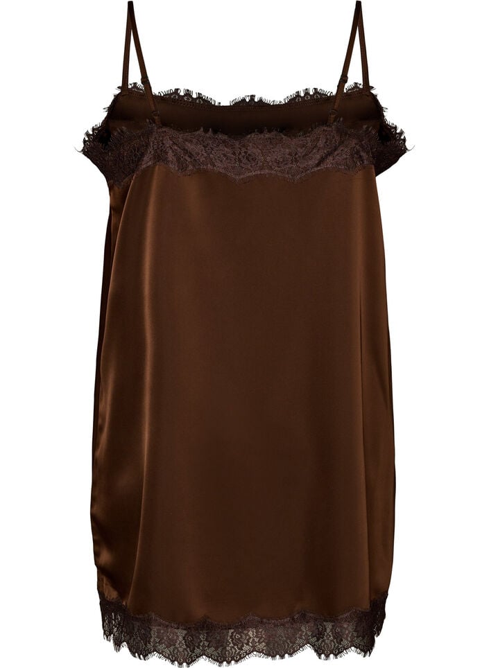 Langes Top aus Satin mit Spitzen, Braun, Packshot image number 1