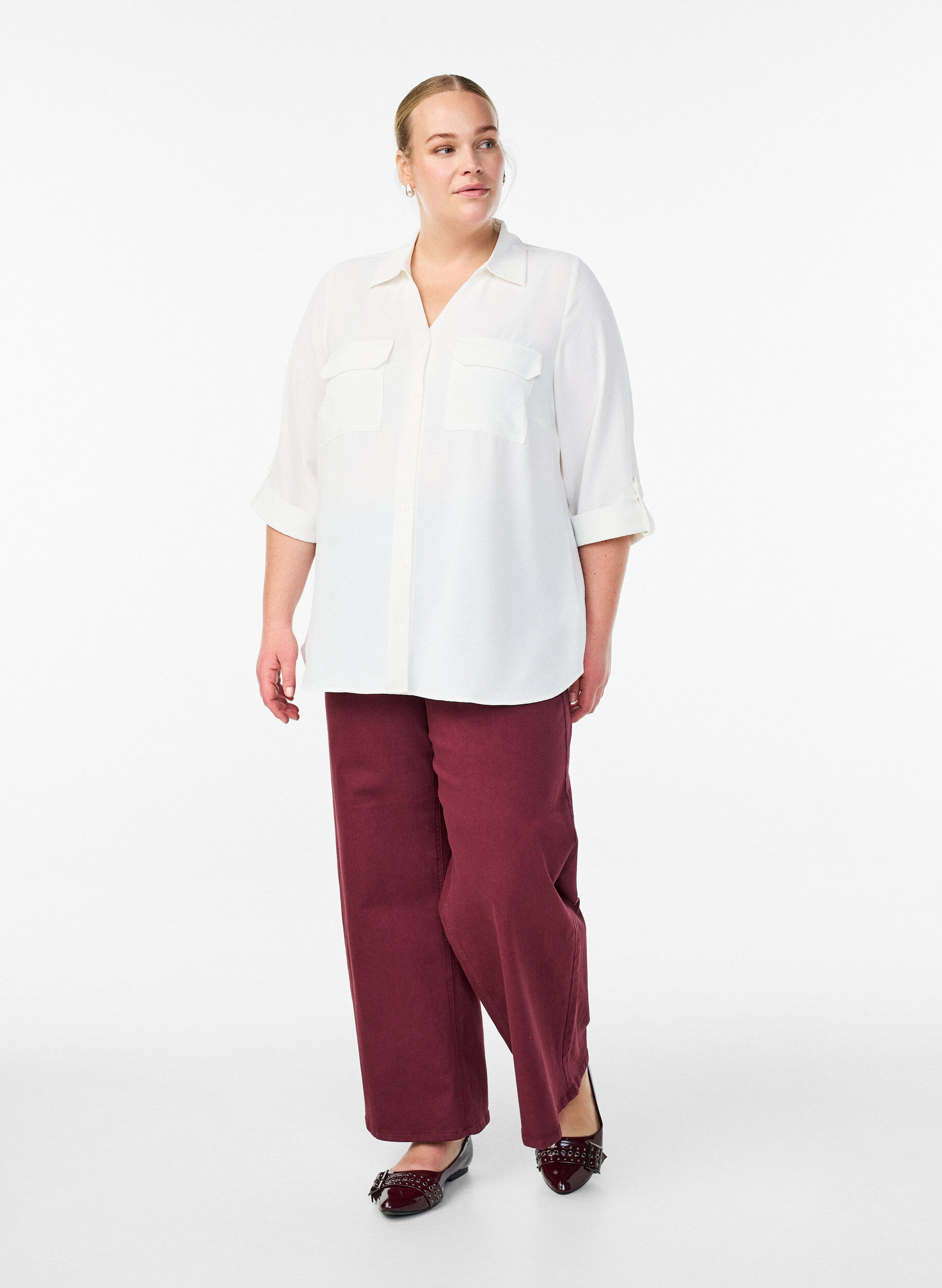 Zizzi FLASH - Hemdbluse mit Brusttaschen und 3/4-&Auml;rmeln, Vanille, Model image number 1