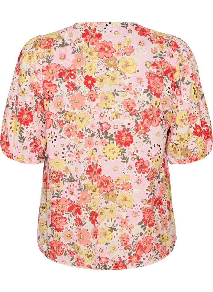 Gebl&uuml;mte Bluse mit Lochstickerei und V-Ausschnitt, Rot, Packshot image number 1