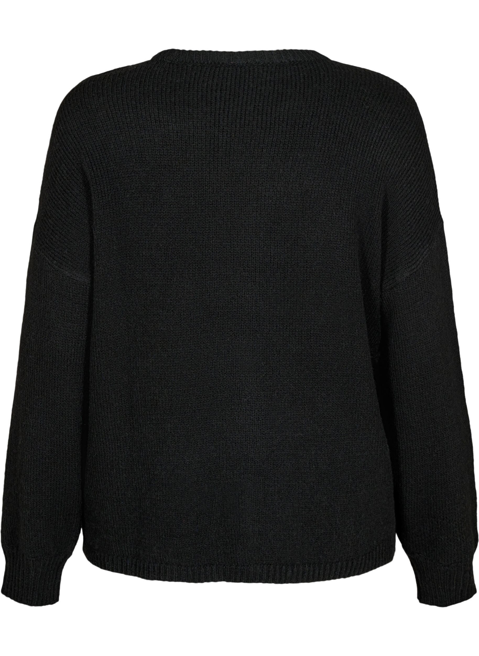 Zizzi Lang&auml;rmliger Strickpullover mit Wollanteil und Rundhalsausschnitt, Black Solid, Packshot image number 1
