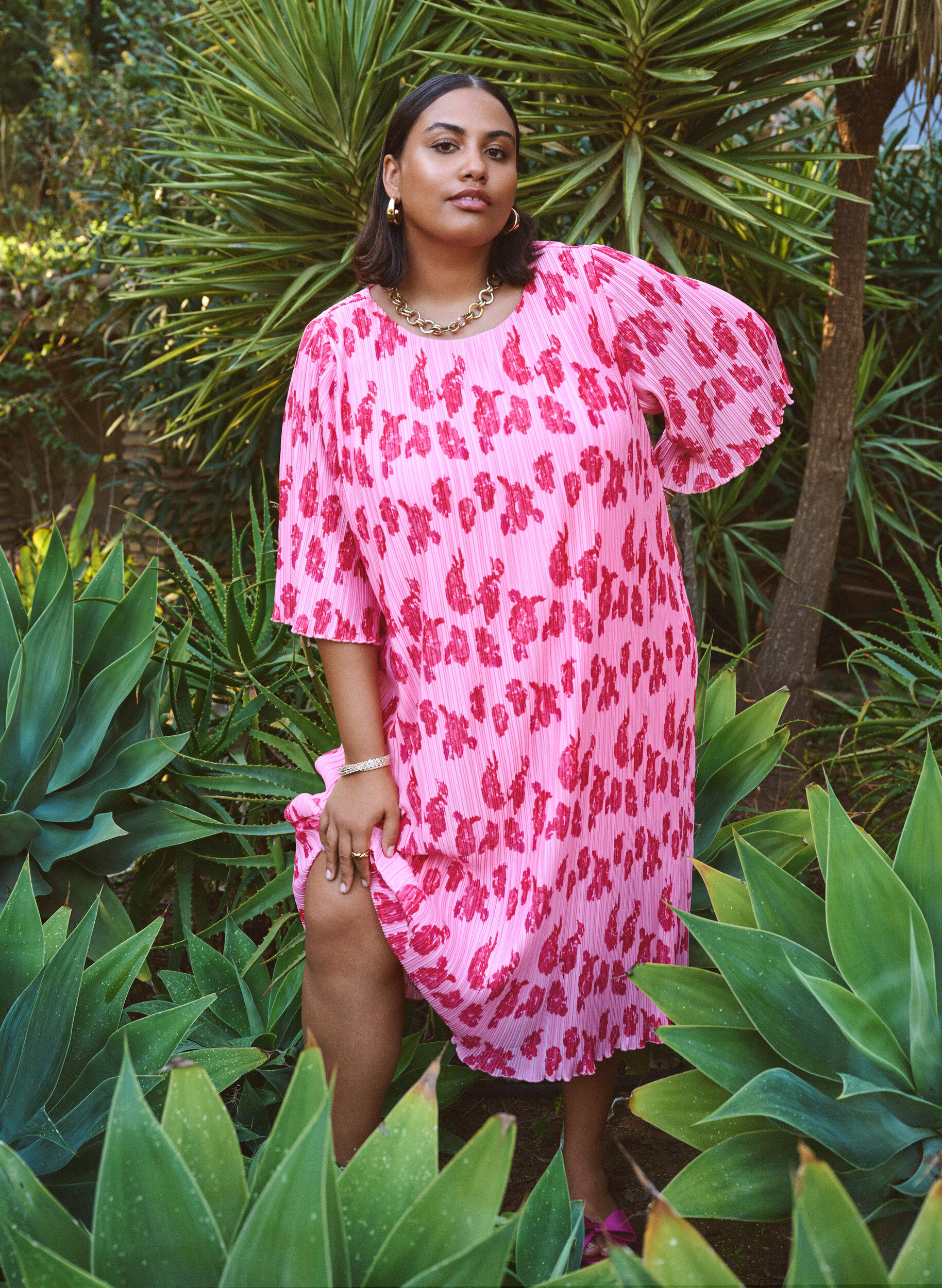 Zizzi Plisseekleid mit 3/4-&Auml;rmeln, Rot, Image image number 0