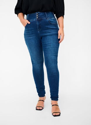 Super Slim Bea Jeans mit hoher Taille, Blue denim, Model image number 2