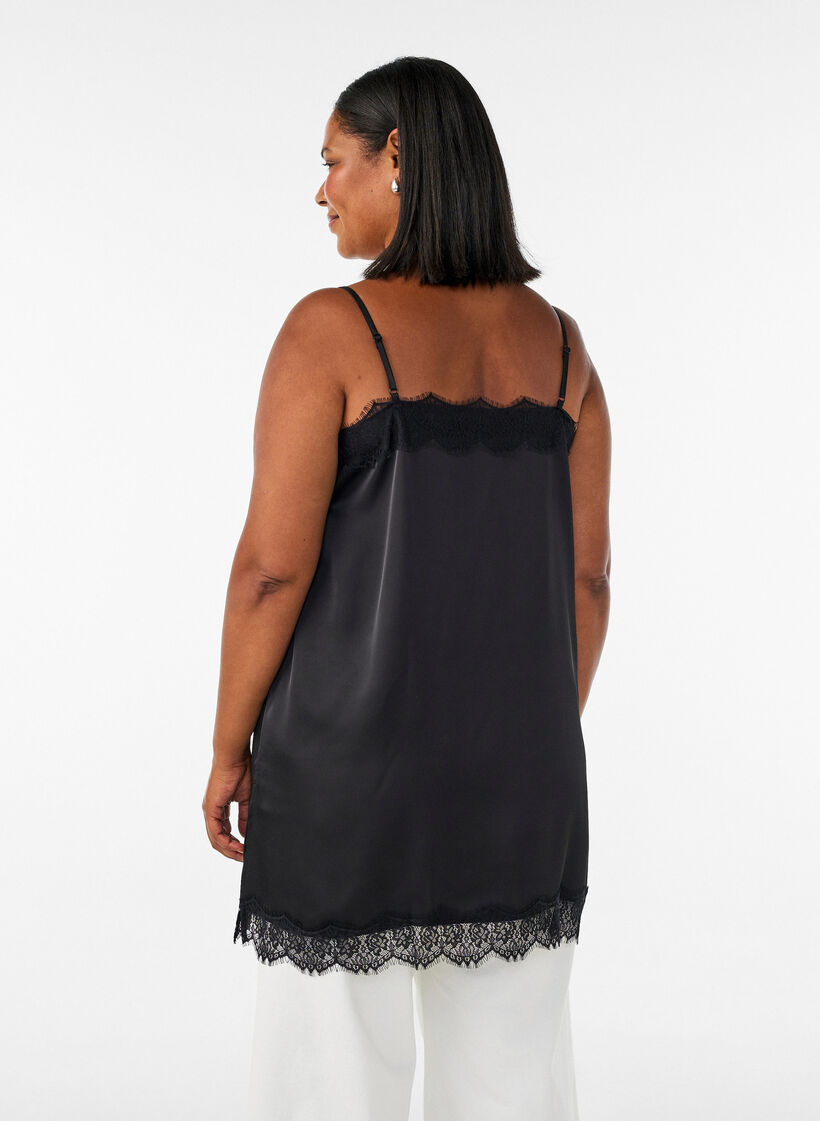 Langes Top aus Satin mit Spitzen, Schwarz, Model image number 2