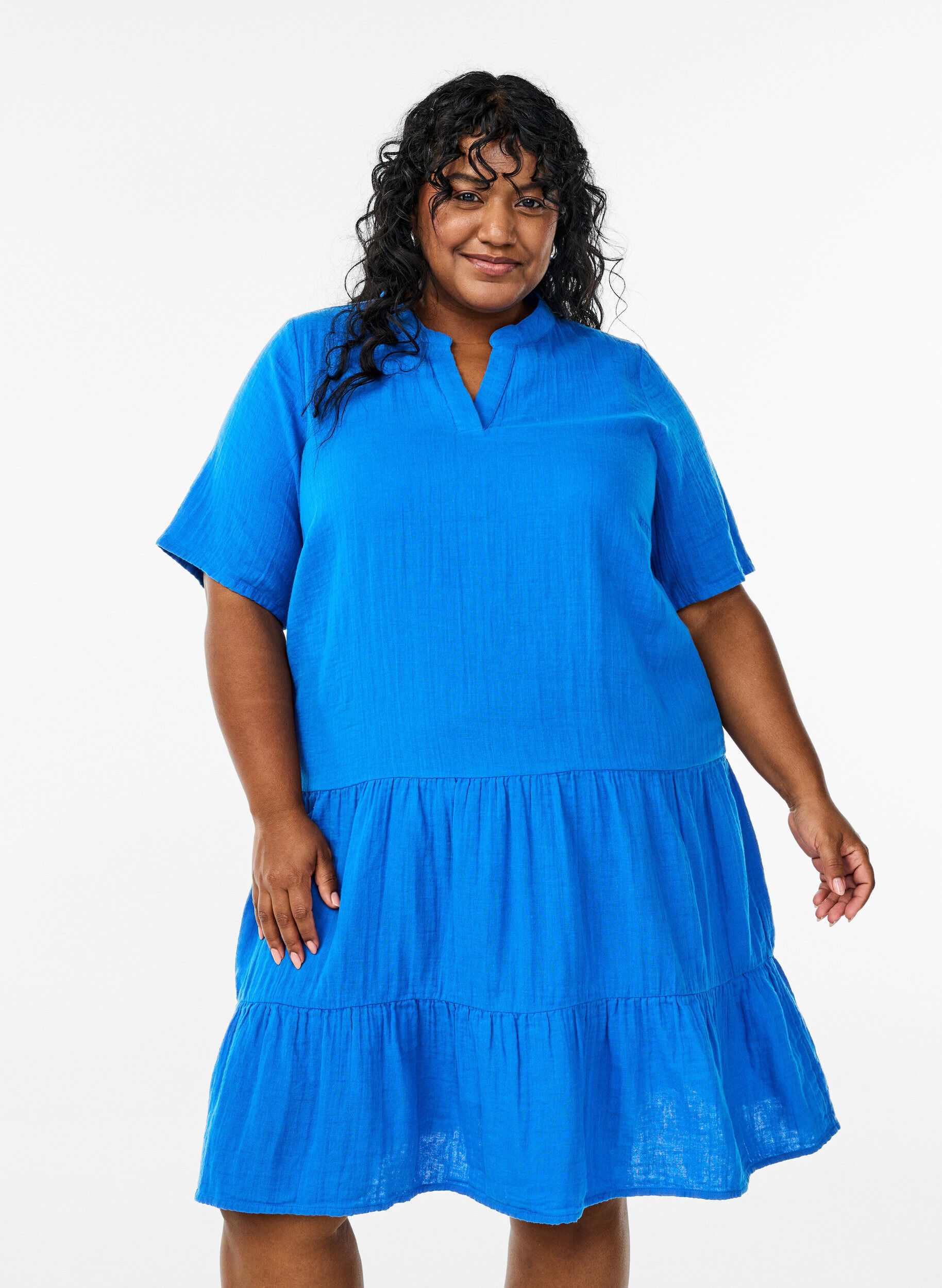 Zizzi Kurzes A-Linien-Kleid aus Baumwollmusselin, Blau, Model image number 0