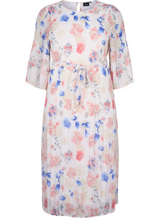 Blumen-Plissee-Kleid mit Kordelzug, White/Blue Floral, Packshot image number 0