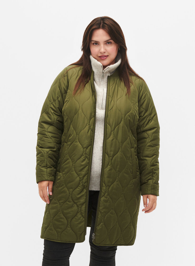 Lange gefütterte Jacke mit Taschen und Reißverschluss, Winter Moss, Model image number 0
