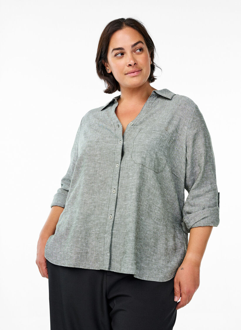 Bluse aus Leinen und Viskose mit 3/4-Ärmeln, Grün, Model image number 0