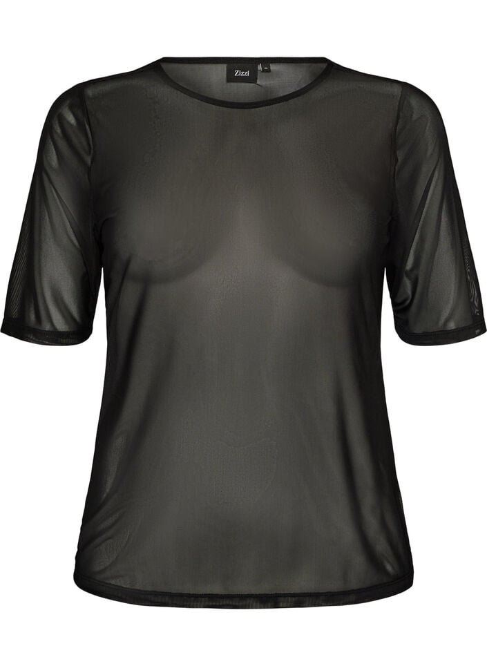 Top aus Mesh mit kurzen &Auml;rmeln und Rundhalsausschnitt, Schwarz, Packshot image number 0