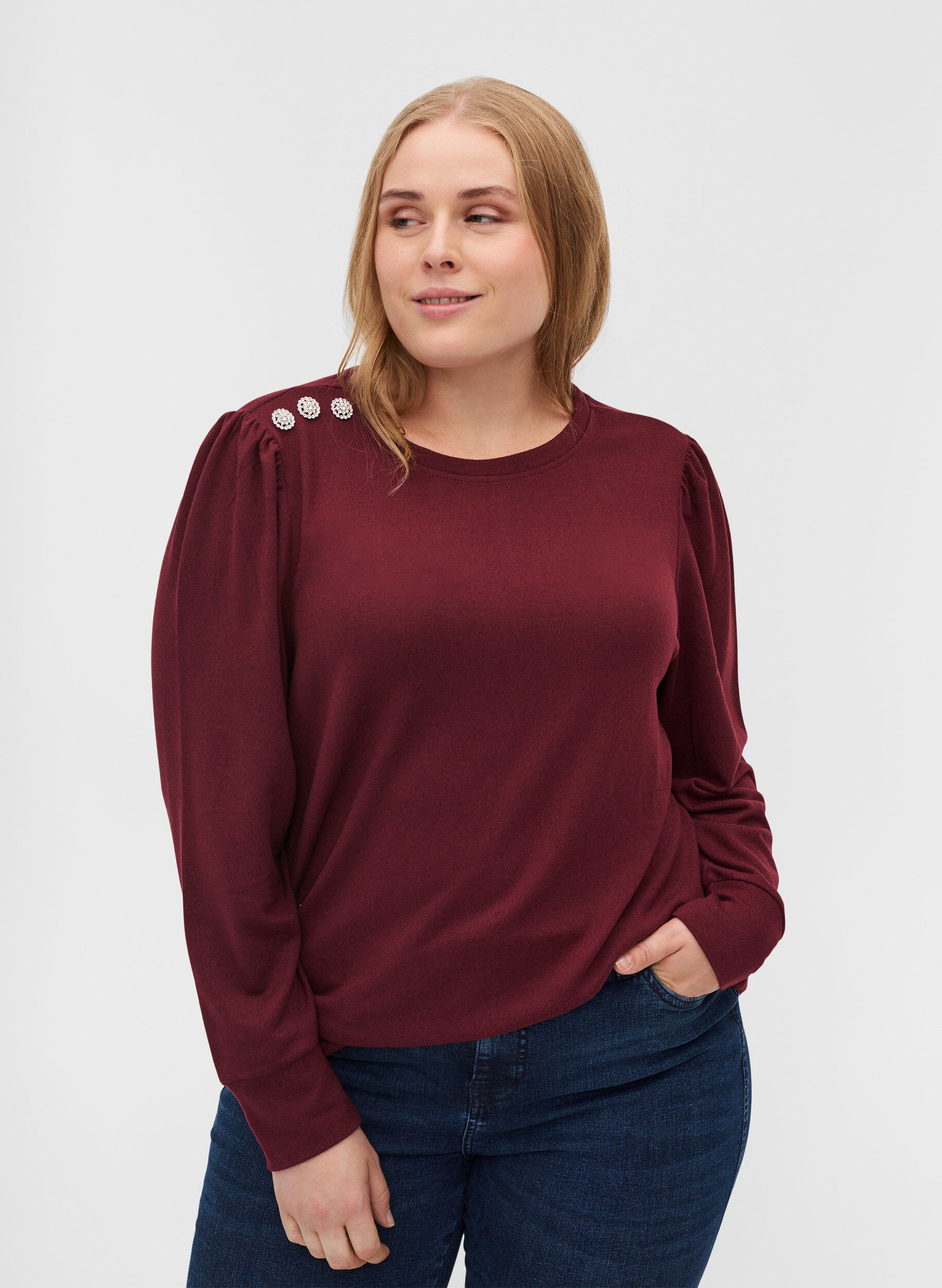 Zizzi Langarm Bluse mit Schulterdetail, Port Royal, Model image number 0