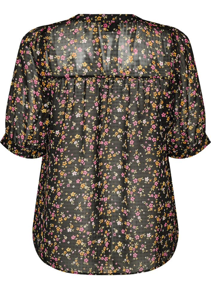Gebl&uuml;mte Bluse mit V-Ausschnitt, Schwarz, Packshot image number 1