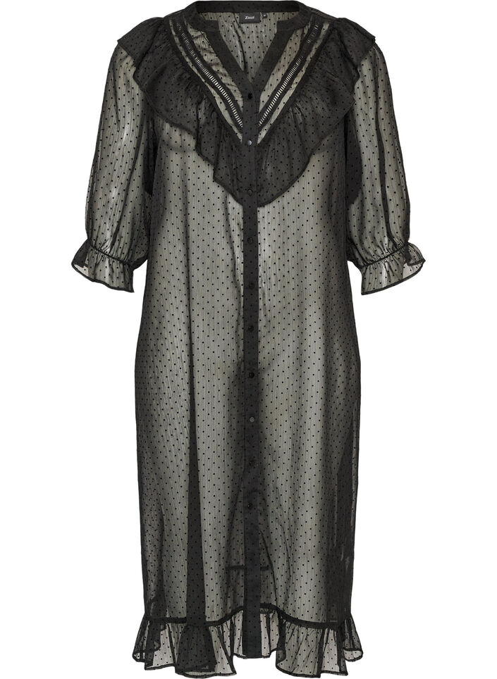 Midikleid aus einem leichten, transparenten Stoff mit Punkten und R&uuml;schen, Schwarz, Packshot image number 0