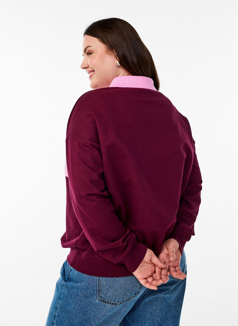 Sweatshirt aus Bio-Baumwolle mit Kragen und Kontrastprint, Dunkles Bordeaux, Model image number 2