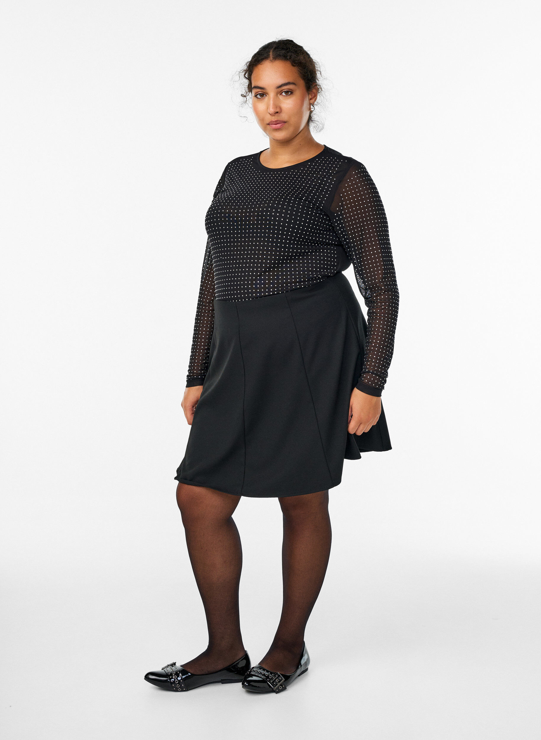 Zizzi Meshbluse mit Strasssteinen und langen &Auml;rmeln, Schwarz, Model image number 1