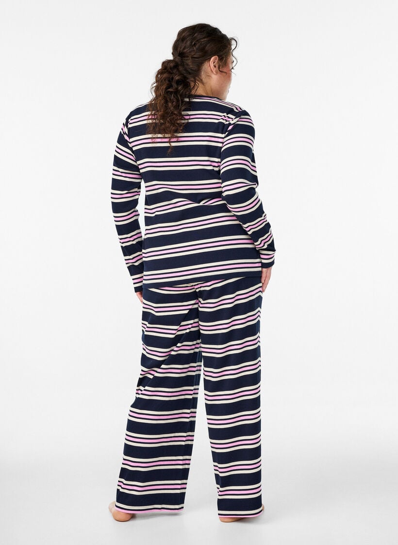 Gestreifte Pyjamahose mit weitem Bein, Blau, Model
