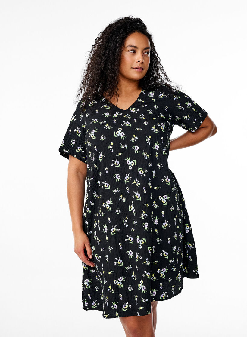 Kleid mit kurzen &Auml;rmeln und V-Ausschnitt, Schwarz, Model image number 0