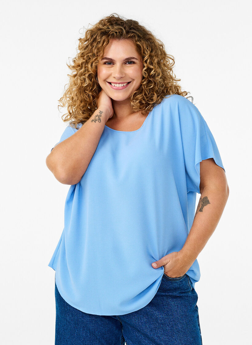 Bluse mit kurzen &Auml;rmeln und einem Rundhalsausschnitt, Blau, Model image number 0
