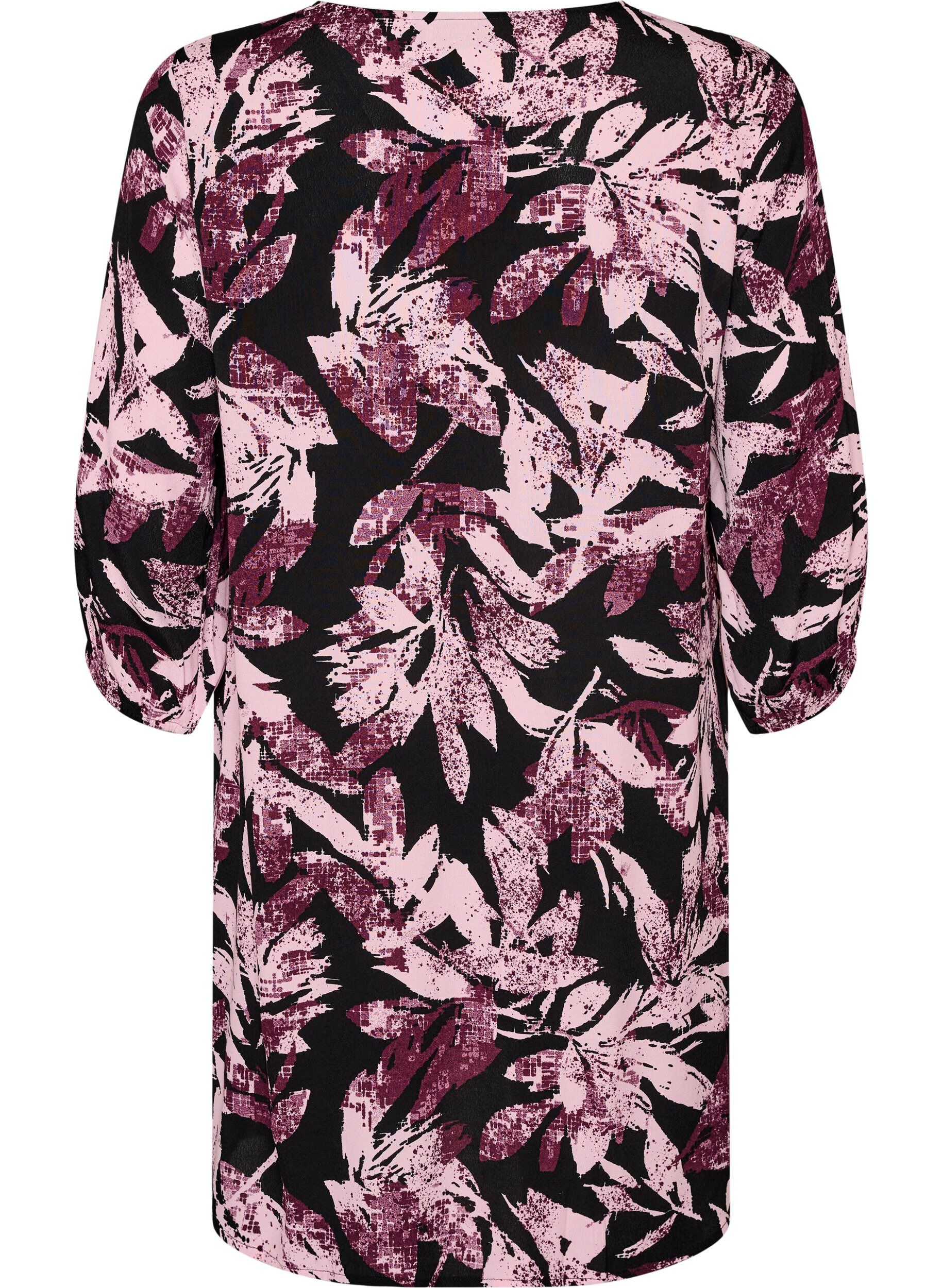 ZizziKurzes gebl&uuml;mtes Kleid aus Viskose mit 3/4-&Auml;rmeln, Schwarz, Packshot image number 1