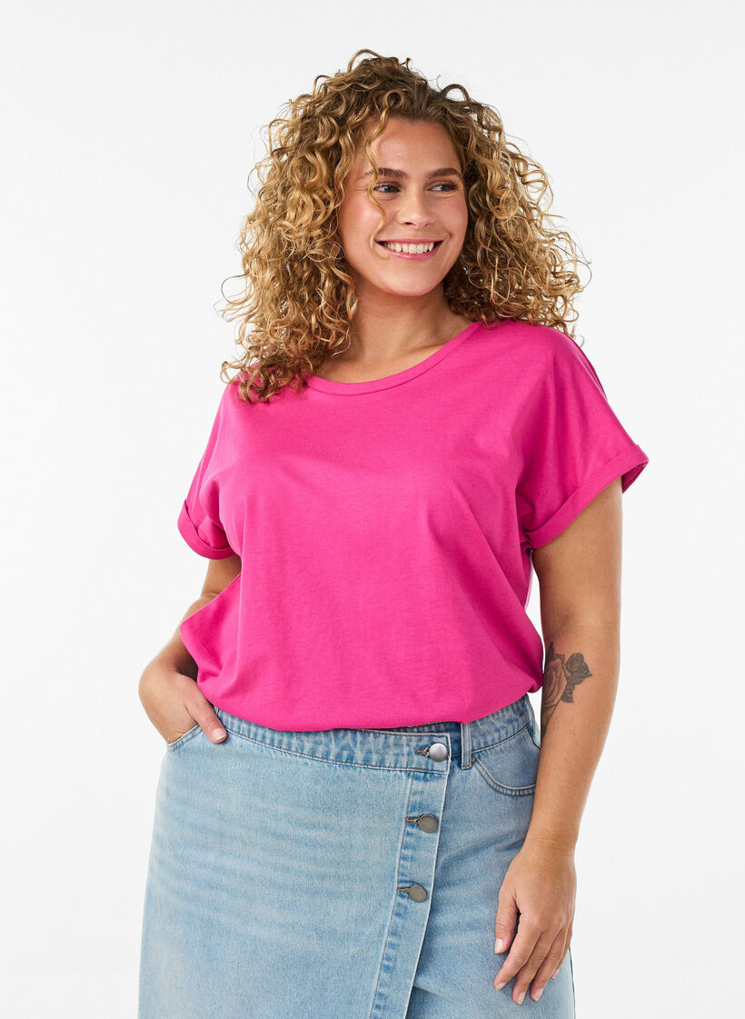 Kurz&auml;rmeliges T-Shirt aus einer Baumwollmischung, Pink, Model image number 0