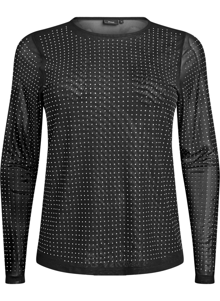 Meshbluse mit Strasssteinen und langen &Auml;rmeln, Schwarz, Packshot image number 0